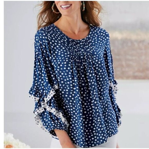 Soft Surroundings Tops - Soft Surroundings Sonrisa Top Women's Size L Blue Polka Dot Boho Blouse